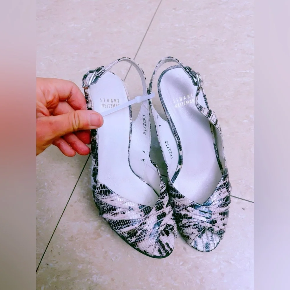 Stuart Weitzman Leather Slingback Peep Toe Heels‎ 7M Snakeskin Pumps Career